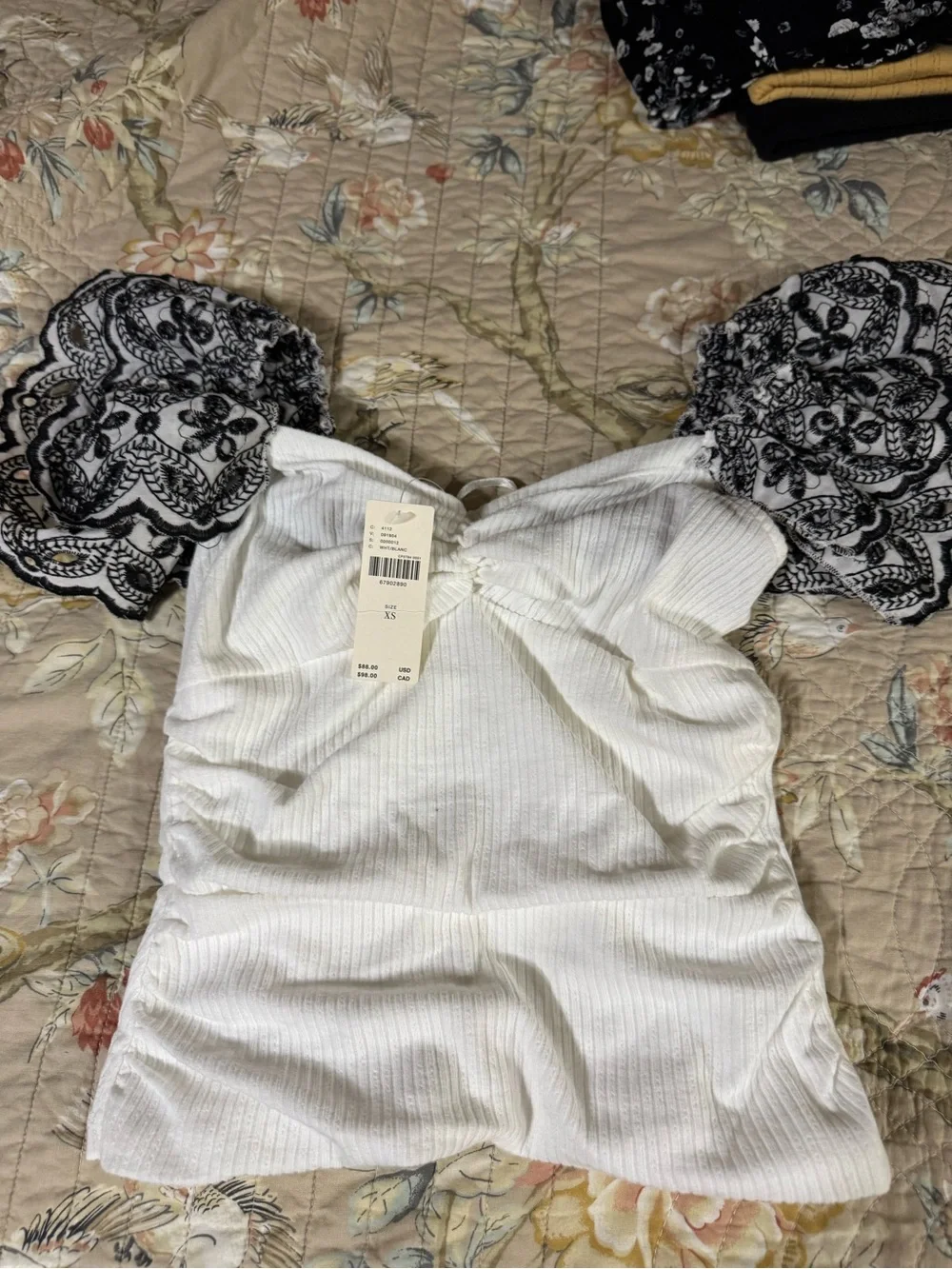 Anthropologie White Ribbed Top with Black Lace Puff Sleeves